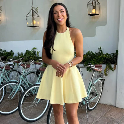 Halter Short Dress Womens Dresses Red Yellow Dress Woman Summer 2025 Ruffled Backless Sleeveless Vestidos Elegant Dress 066