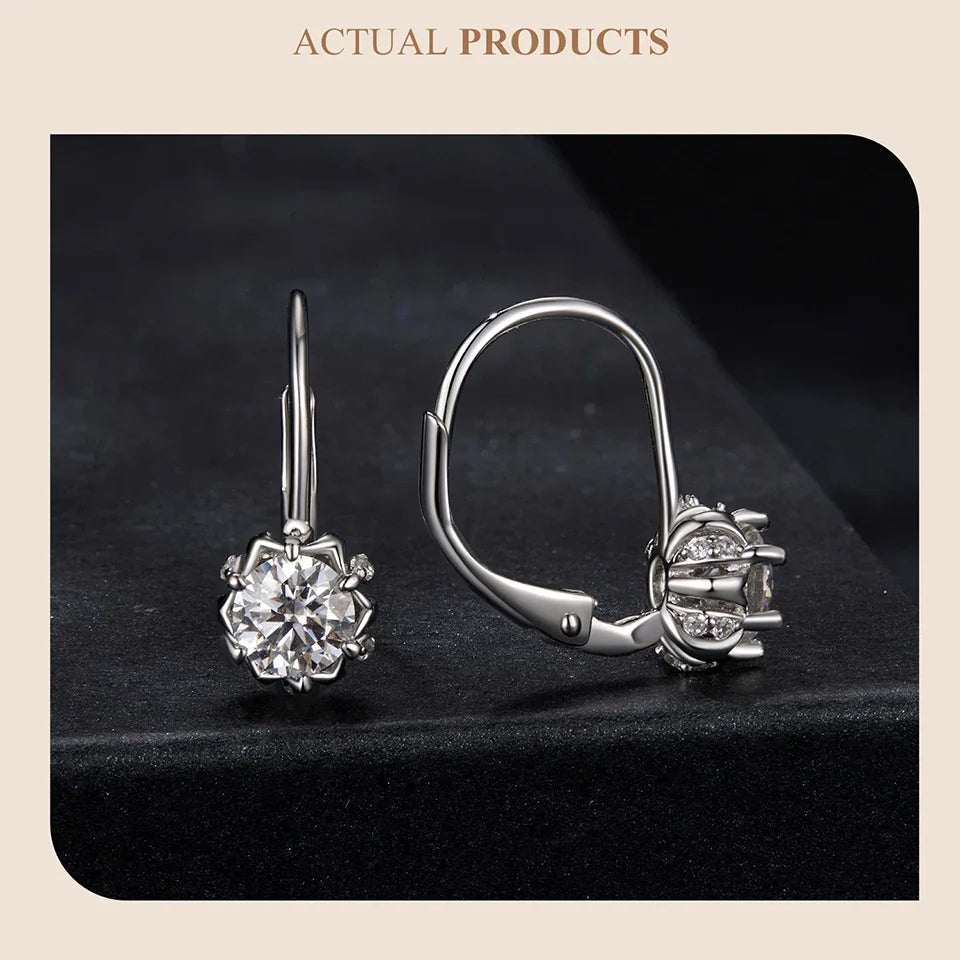 Platinum Plated Moissanite Flower Earrings for Women, Round Cut Lab Diamond 925 Sterling Silver Hypoallergenic Earrings