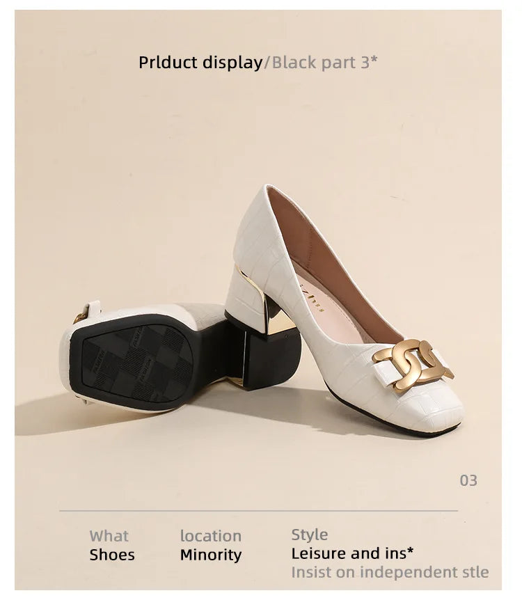 Plus Size 35-43 Women Pumps Med Heel Square Toe Pumps Office Lady Leahter Shoes Big Gold Metal Chain Soft Soles Slip on Shoes