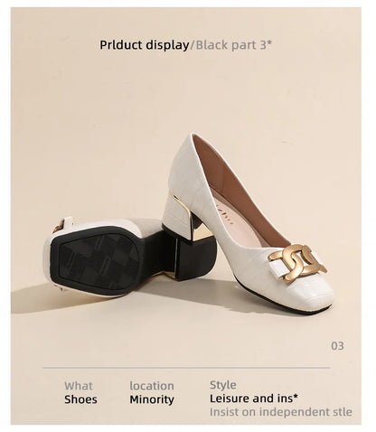 Plus Size 35-43 Women Pumps Med Heel Square Toe Pumps Office Lady Leahter Shoes Big Gold Metal Chain Soft Soles Slip on Shoes