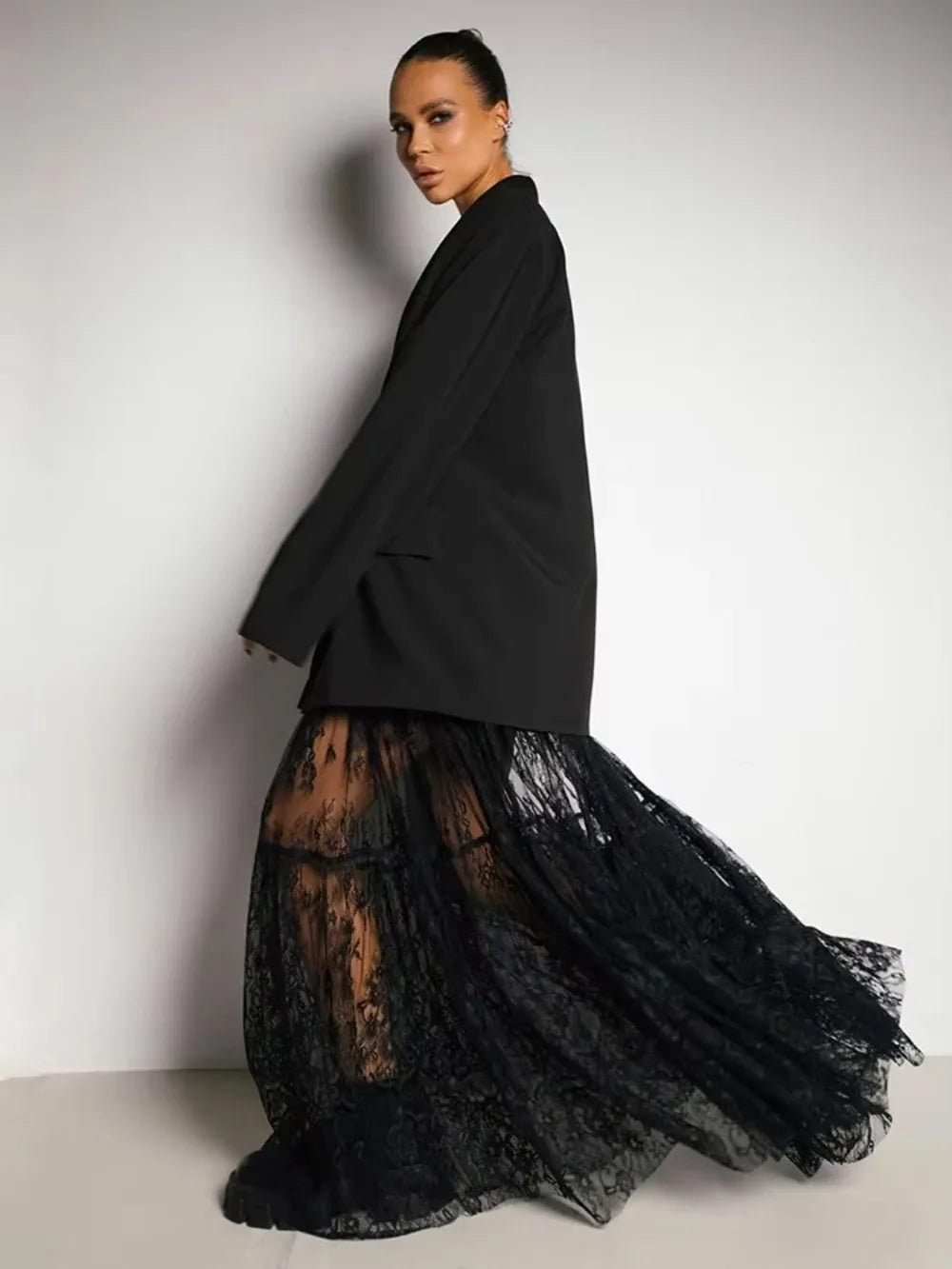Loose Black Sexy Black Lace Skirt Women Fashion Thin Transparent Casual Hollow Out High Waist Loose A-line Long Skirt Party