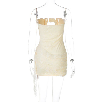 Fashion Sequined Strapless Heart Shape Hole Sexy Zipper Patchwork Mesh Mini Dress Summer Outfits Birthday Festival