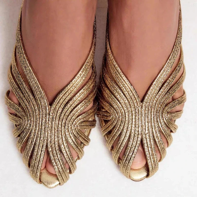 Gold Luxury Thin Heel Slippers Women Dress Shoes Summer New 2025 Hollow Beach Shoes Slides Designer Brand Sandals Ladies Pumps