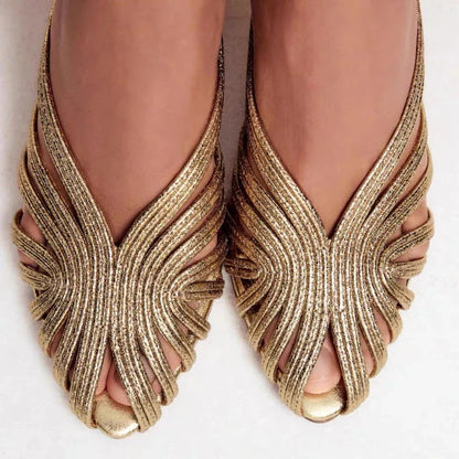 Gold Luxury Thin Heel Slippers Women Dress Shoes Summer New 2025 Hollow Beach Shoes Slides Designer Brand Sandals Ladies Pumps