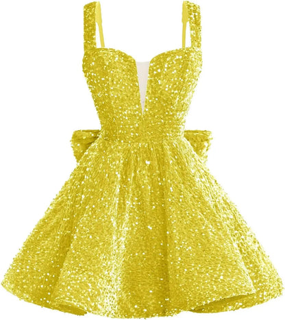 Sparkly Sequin Homecoming Dresses 2026 Short Spaghetti Straps V Neck Cocktail Party Gowns with Bow  Mini Dress Graduation Dress