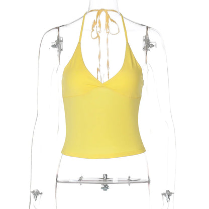 Solid Halter Backless Bandage Sexy Slim Crop Camis Top 2025 Summer Women Fashion Y2K Clothes Streetwear Festival Club
