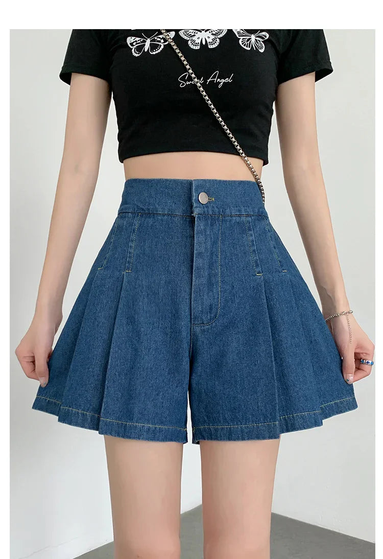 2024 Summer Plus Size Denim Shorts For Women High Elastic Waist Blue Or Sky Blue Pleated Mini Large Size Short Femme