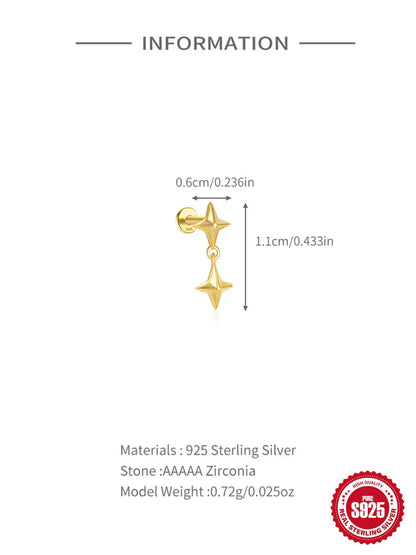 1PC Four Pointed Star Moon Tassel Lotus Cartilage Spiral Puncture 925 Sterling Silver Stud Earring For Women Ins Earring