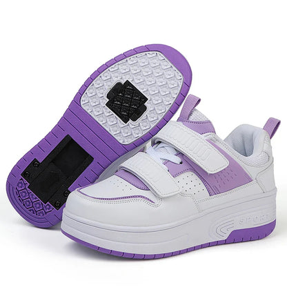 Autumn 2025 Kids Walking Shoes Detachable Double Wheel Roller Skates Boy Leather Student Shoe Four Wheeled Children Shoes Girl