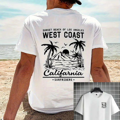 Summer Hot Selling Men's 100% Cotton T-Shirt, Casual Loose Fit, Retro California Beach Surf Print Short Sleeve Crew Neck T-Shirt