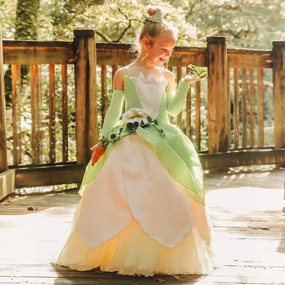 Kids Girl Tiana Dress for Girls Birthday Party Halloween Ball Gowns Evening Birthday Fancy Layered Costume Floral Fairy Clothing