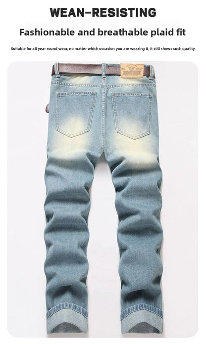 Autumn Men's New Light Blue Slim Fit Jeans Men's Ripped Loose Jeans Elastic Hole Versatile High Street Denim Pants Retro Washed