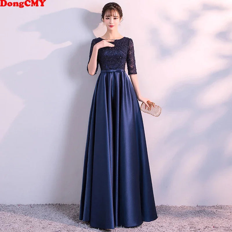 New 2025 Long Formal Evening Dresses Elegant Lace Satin Navy Blue Vestidos Para Mujer Women Party Gown