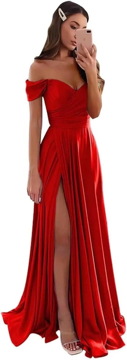 Women's Satin Prom Dresses Long Slit Formal Dresses Off Shoulder Evening Wedding Party Gowns Ruched Sweetheart Lace up Back