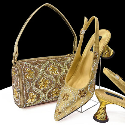 2024 Summer New Design Specials Italian Women Shoes and Bag Set in Royal Green Color Comfortable Heels With Rhinestone for Party