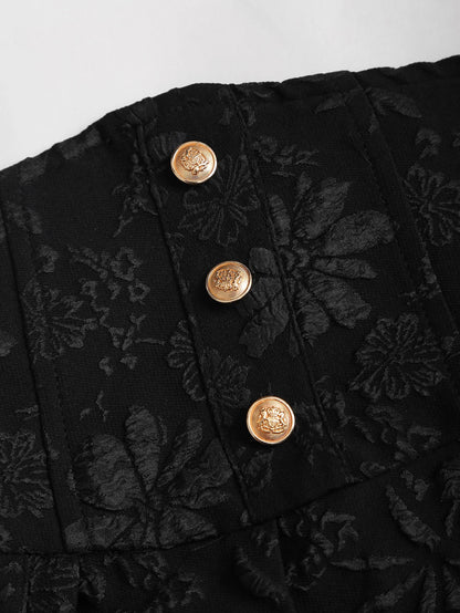 Black floral jacquard strapless dress with button embellishments and puff style skirt