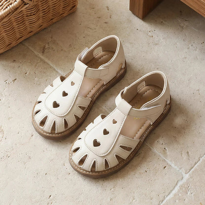Summer Girl's Sandals Heart Hollow Out T-strap Versatile Kids Casual Shoes With Velcro Cover Toe Fashion Children Sandal 26-36