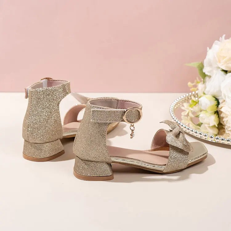 Girls Low Heel Sandals Girls Glitter Low Heel Sandals Sparkly Bow Dress Shoes 8th Grade Dance Birthday Party Princess Wedding