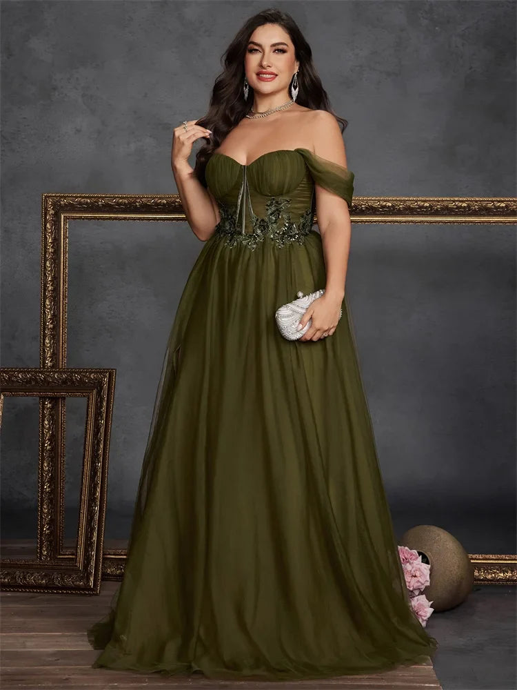 Plus Size Elegant Sleeveless Tulle Slit Evening Dresses Luxury off-the-shoulder Formal Bridesmaid Party Maxi Gowns