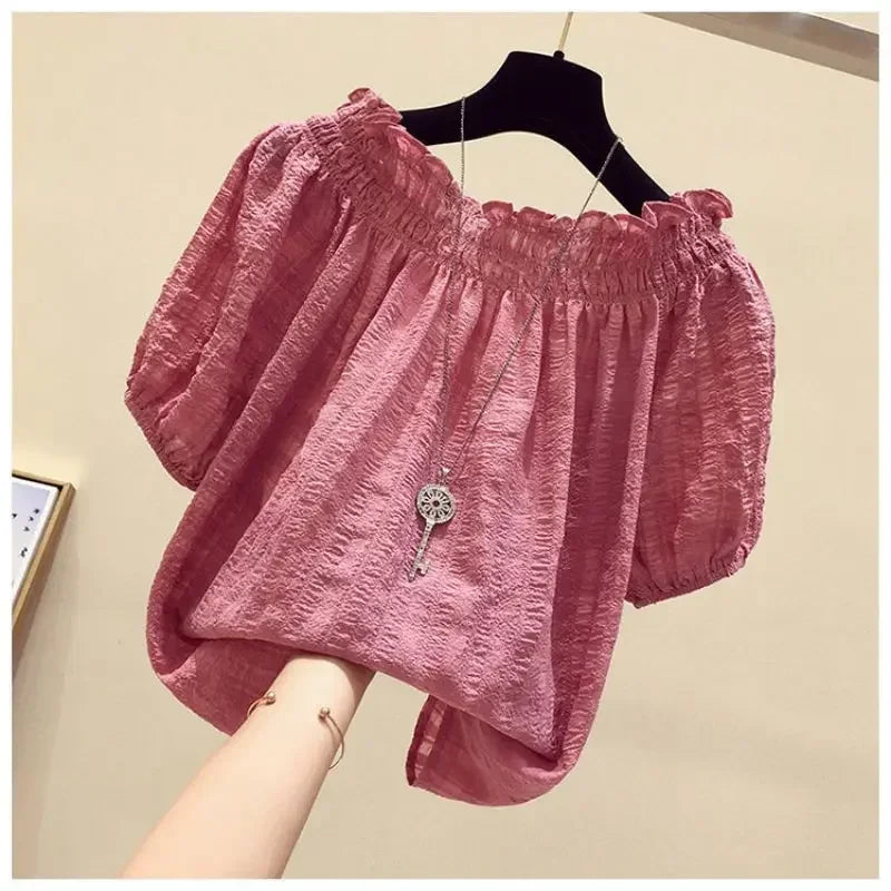 Black casual slash neck puff sleeve chiffon pullover women's blouse shirt female clothing tops fashion short blouses 2025