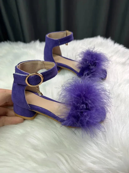 Toddler Girls Sandals Summer Low-heels Children's Sandals Open-toe Princess Fluffy New Versatile Kids Fashion Ankle-strap Shoes