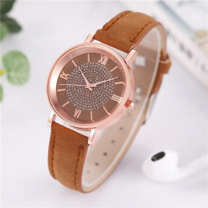 Women Watch Ladies Rhinestone Dial Wristwatch Leather Band Quartz Watches Gifts
