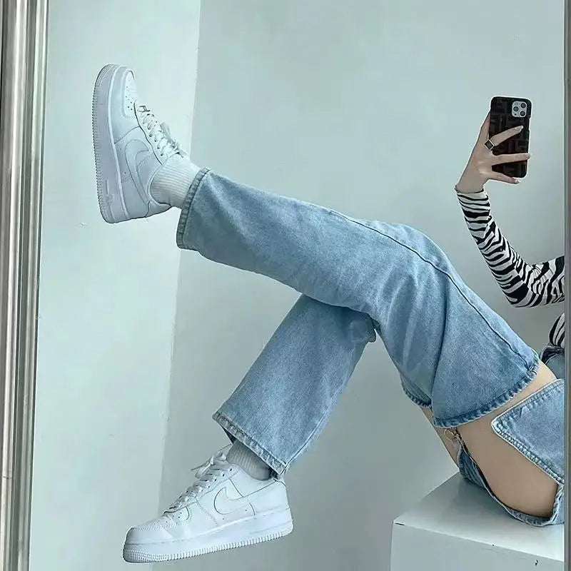 High Street Straight Fake Two Ripped Jeans