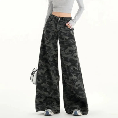 Women Retro Casual Straight Leg Jeans Female High Waist Camouflage Cargo Pants Girls High Street Fashion Denim Trousers