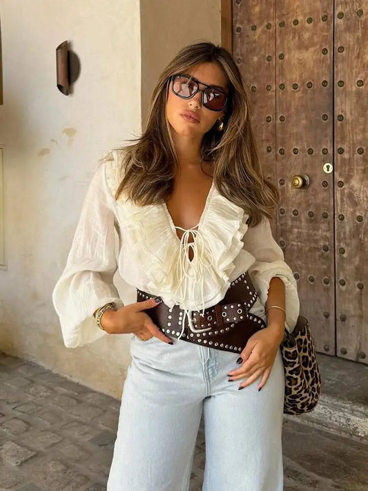 Elegant Women's Retro V-neck Ruffle Trim Long Sleeve Shirt 2025 Summer Casual Top Women's Fashion Translucent Thin Shirt