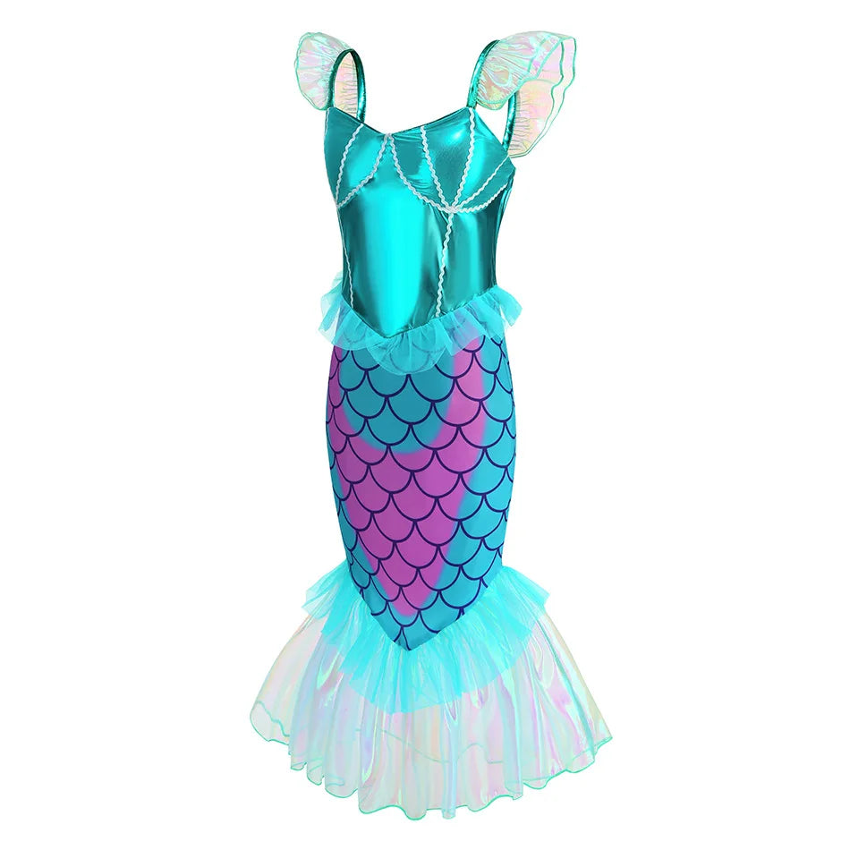 Blue Red Purple Three Colors Mermaid Flying Sleeve Fishtail Beautiful Dress For Girl Summer Beach Party Cool Swimsuit Set