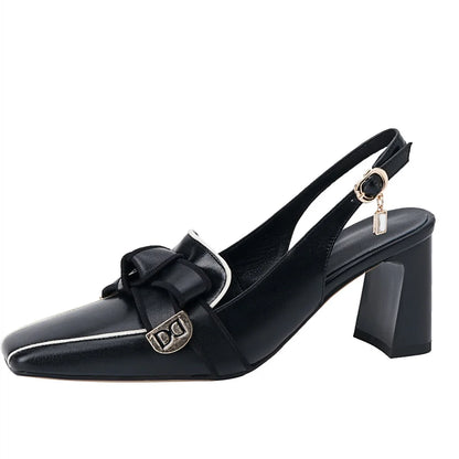 2025 French Style Genuine Leather Sandals Women Covered Toe Butterfly Knot Party Dating Sandals Office Ladies Pumps