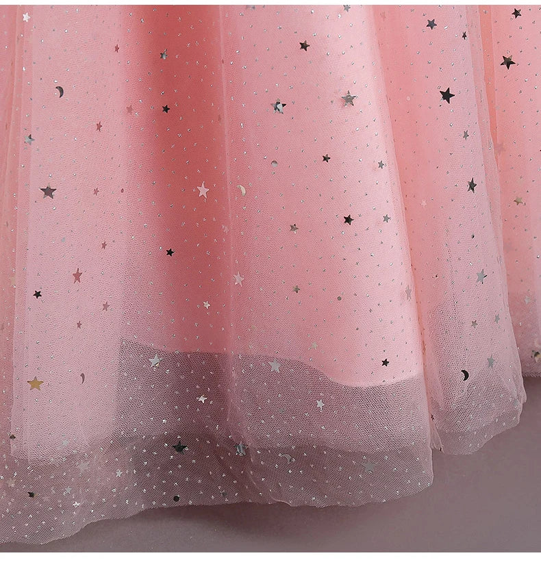Children's Dress Girls' Princess Sequin Bubble Sleeve Long Mesh Flower Little Girl Wedding For Summer