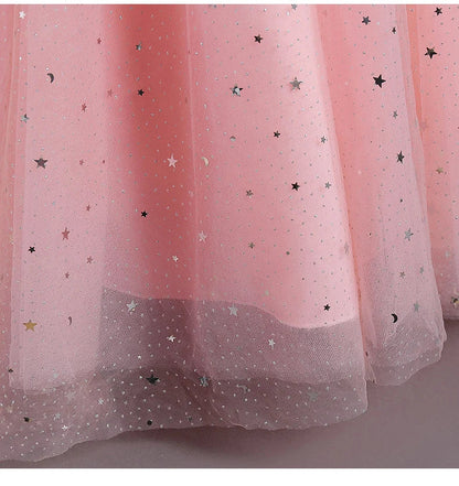 Children's Dress Girls' Princess Sequin Bubble Sleeve Long Mesh Flower Little Girl Wedding For Summer
