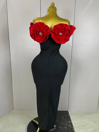 Red Flowers Sexy Off The Shoulder Ankle Lenght Bandage Dress Woman Birthday Party Vestido Wedding Party Outfit