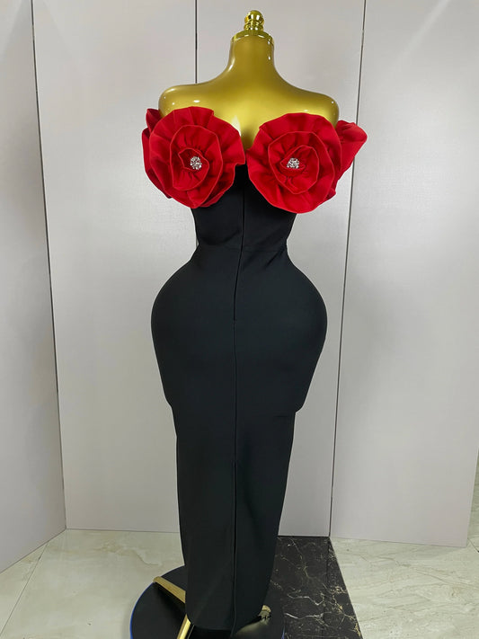 Red Flowers Sexy Off The Shoulder Ankle Lenght Bandage Dress Woman Birthday Party Vestido Wedding Party Outfit