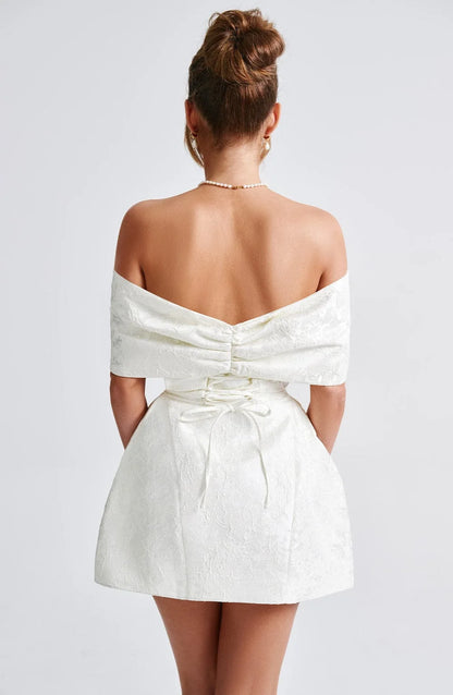 Fashionable And Sweet Slim Fit Jacquard Strapless Tie Bow One Shoulder Short Skirt American Sexy Temperament Solid Color Dresses