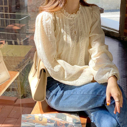 New Chic Spring Autumn  Lace Women Fashion Blouse Long Sleeve Casual Elegant Office Loose Shirt Collar Elegant Top Clothes