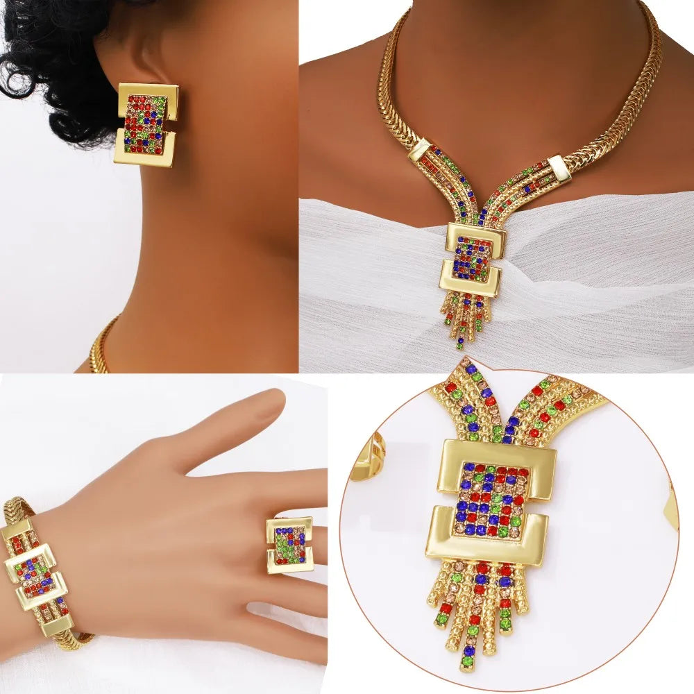 Gold Plated Jewelry Set African Dubai Nigeria Charm Necklace Bracelet Earring Ring For Women 2025 New Banquet Jewellry