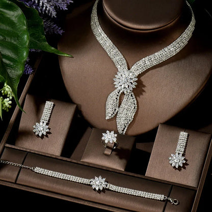 4 Pcs Luxury Elegant Ladies Zirconia Jewellery Set Necklace Earrings Bracelet Dress Accessories Party Wedding Evening Gift M-325
