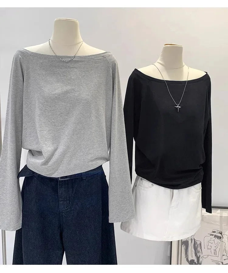 Autumn Winter One Shoulder Cotton Long Sleeve Slant Shoulder Women's Clothing Style Interior Wide Truffle Shoulder Base Shirt