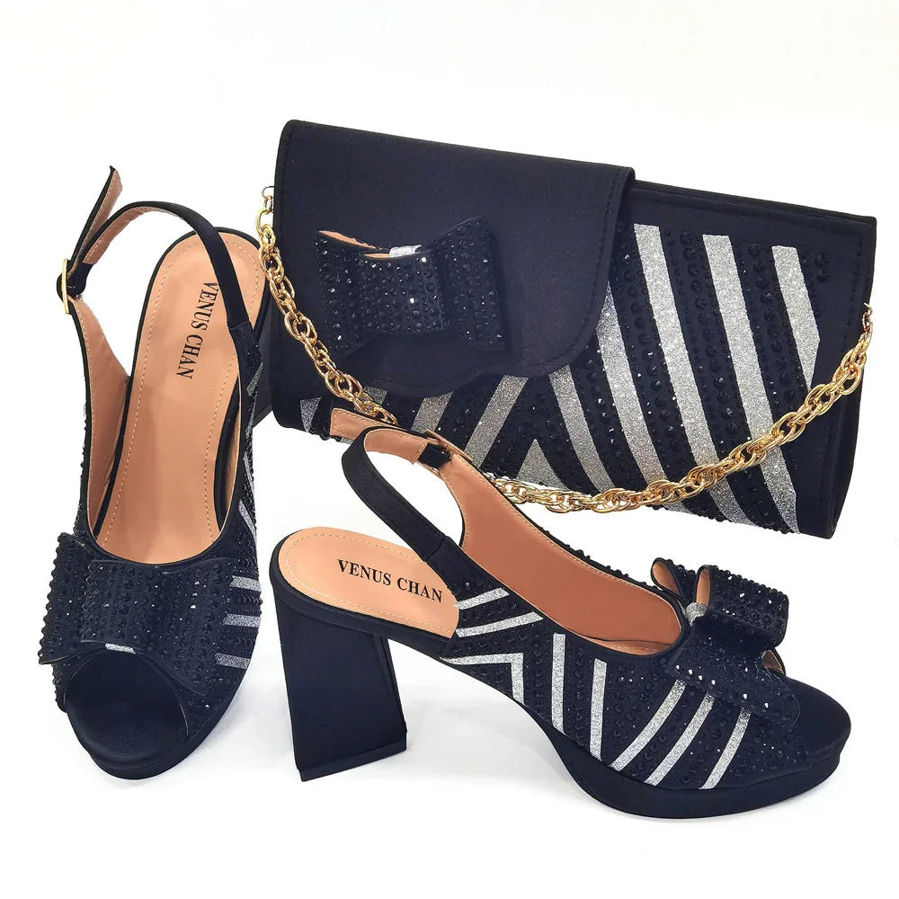 Black Color Elegant High Heels Nigeria Popular Design African Ladies Shoes And Bag Set for Wedding Party