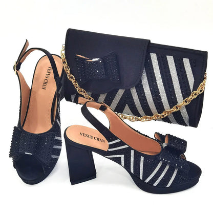Black Color Elegant High Heels Nigeria Popular Design African Ladies Shoes And Bag Set for Wedding Party