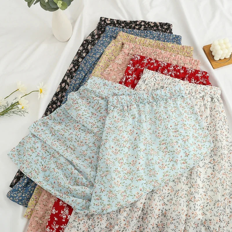 Women's Summer Skirts Vintage Floral Printed Chiffon Skirts High-waisted Elastic Waist Relaxed Mid-length Skirts Beach Skirts