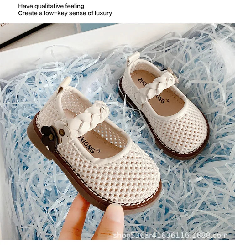 Girls Walking Shoes Lace Mesh Bows Kids Princess Shoes Non-slip Shiny Sequins 2025 New Children Flat Shoes Soft Sole Non-slip