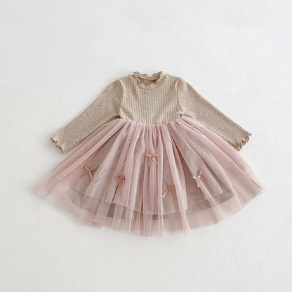 Autumn and Winter Fashion Toddler Girls Long Sleeve Mesh dress Pit Strip Ear Edge Bow Mesh Autumn and Winter dress Princess Gift