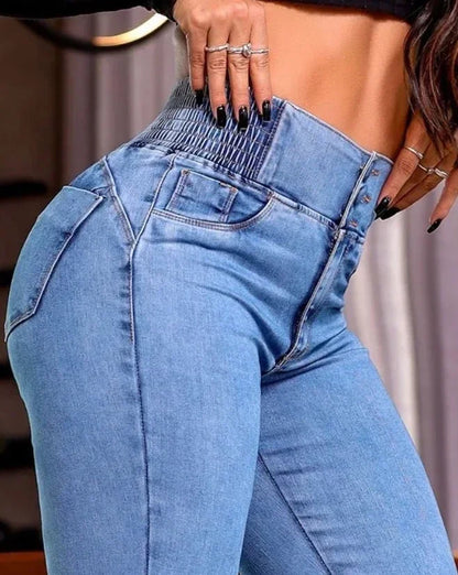 autumn winter  Elegant High Waist Button Front Casual Female Jeans Sexy  Fashion Back Shirred Trouser Bottom