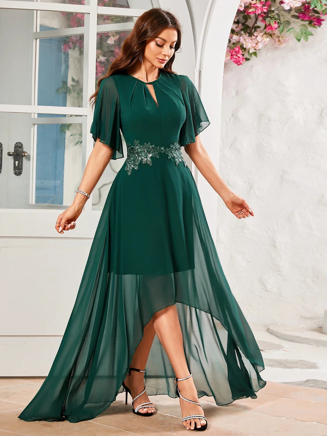 Embroidery Lace Butterfly Sleeve Back Split Long Dress With Keyhole Neckline And Waistband Bridesmaid Dress