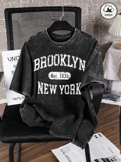 Brooklyn Est 1631 New York Prints Washed T-Shirt Mens Cotton Oversized T Shirts Casual Distressed O-Neck Tops Summer Male Tees