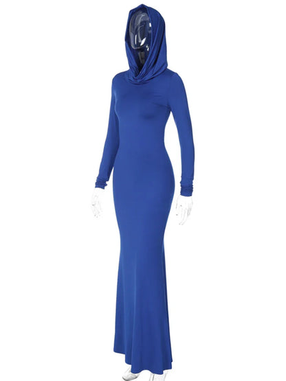 Fashion Sexy Solid Hooded Maxi Dresses Women Elegant Casual Long Sleeve Slim Bodycon Party Vestidos Robes Streetwear
