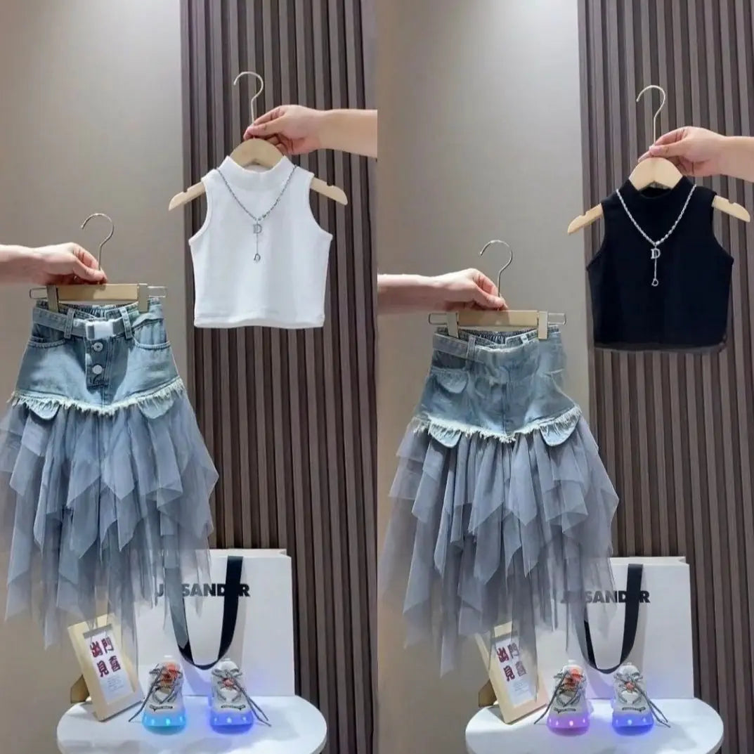 Girls' Summer New Set 2025 Korean Version Baby Girl Tank Top Mesh Splicing Cowboy Skirt Set kids jacket
